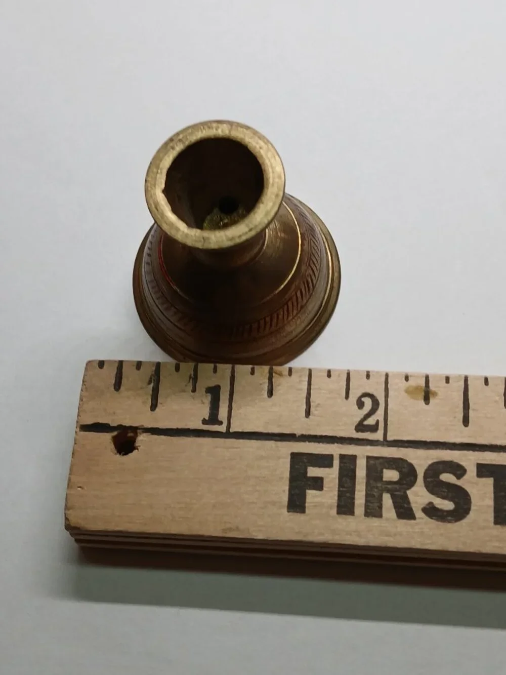 SMALL VINTAGE ANTIQUE BRASS VESSEL WITH GEOMETRIC PATTERNS IN RED PAINT